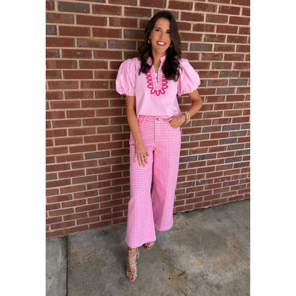 ENTRO -  Gingham, Straight Leg Pants 0616 - Pink