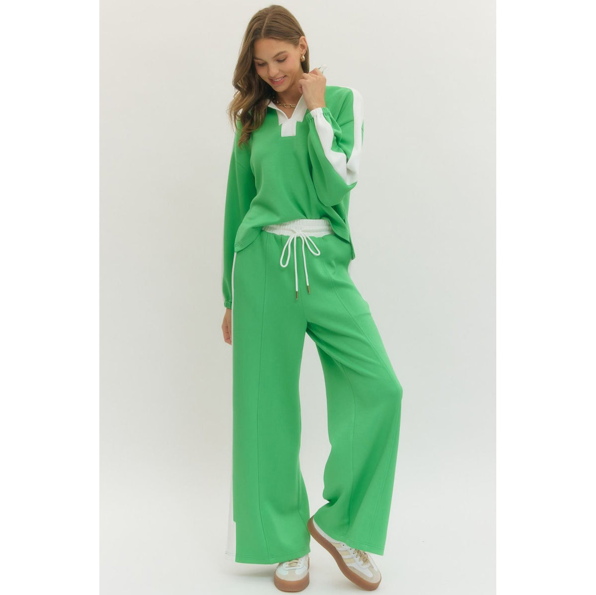 SALE- ENTRO -  Contrast accent, Top & Pants Set 8985 / 8984 - Kelly Green