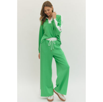 SALE- ENTRO -  Contrast accent, Top & Pants Set 8985 / 8984 - Kelly Green