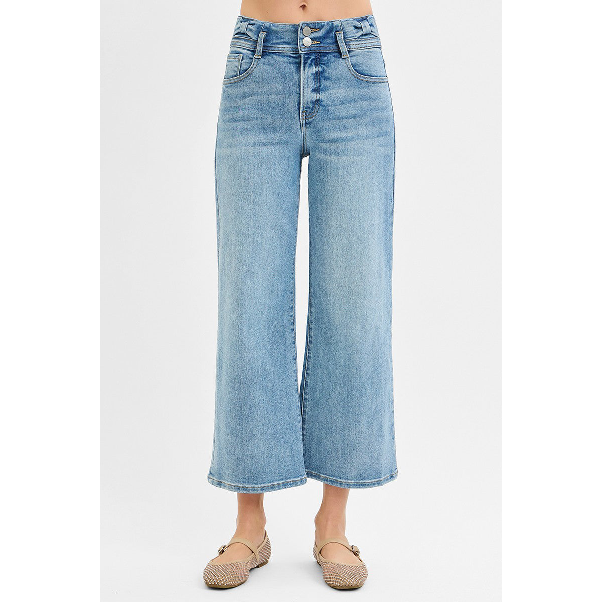 Risen - Tummy Control, High Rise, Crop, Wide Leg Jeans w Bow Detail 1200 - Medium Blue