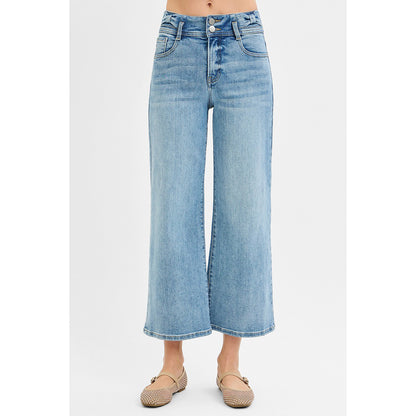 Risen - Tummy Control, High Rise, Crop, Wide Leg Jeans w Bow Detail 1200 - Medium Blue