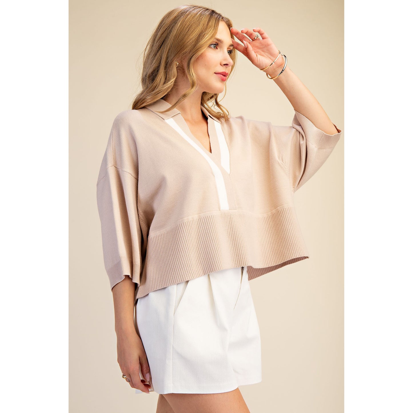Taupe Contrast Trim Sweater – Loose Fit V-Neck Knit Top - 9684 -