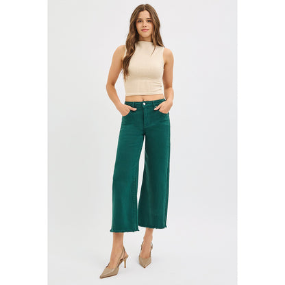 Risen - Tummy Control, High Rise, Crop Wide Jeans 5506 - Hunter Green - SALE
