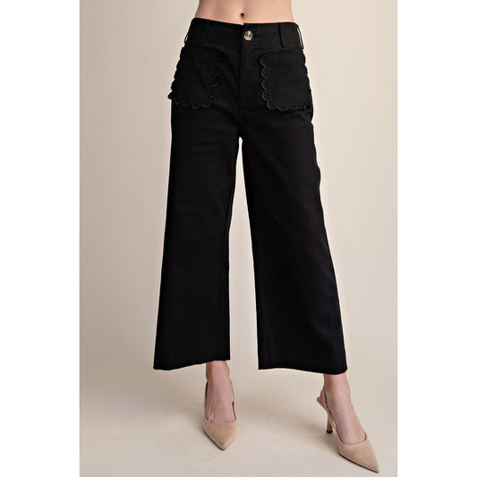Colette Cropped Scallop Pocket Detail Wide-Leg Pants – Black