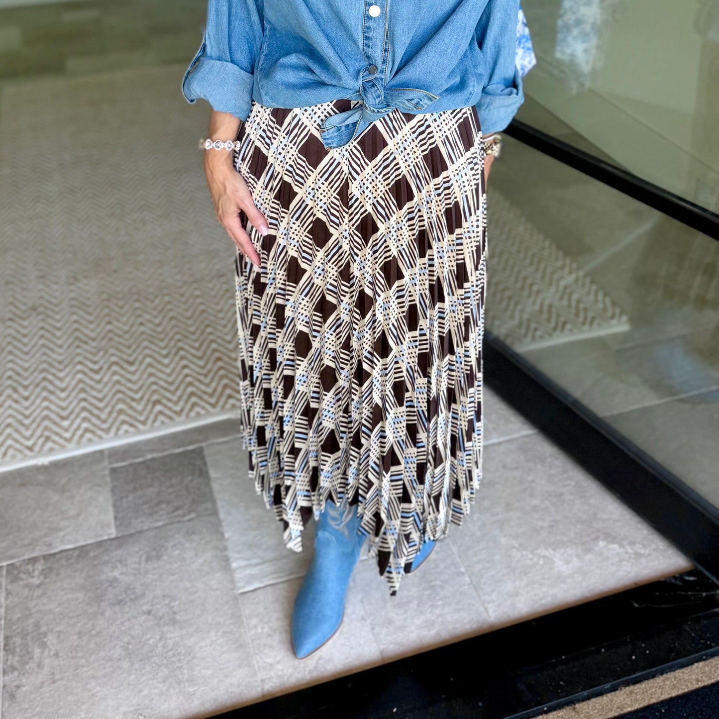 Pleated Handkerchief Midi Skirt 4150 - Brown & Blue