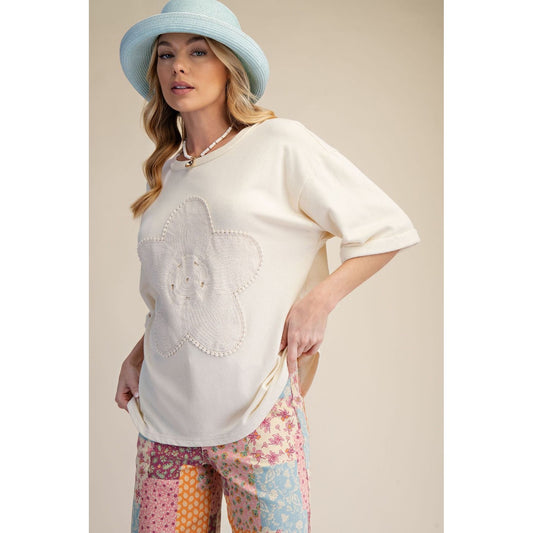 Ivory Floral Patch Washed Terry Top 9025