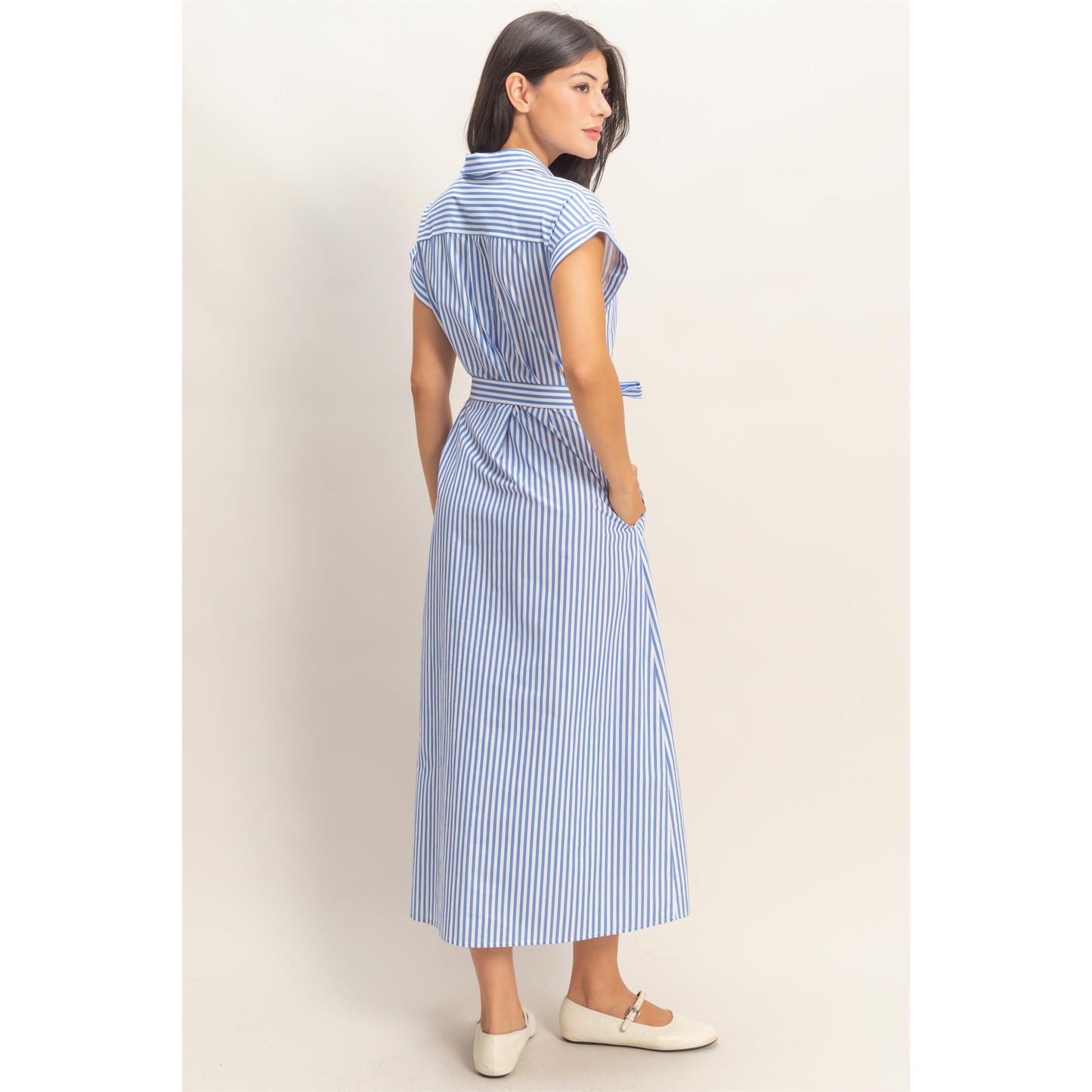 DZ -  Striped, Poplin, Belted, Shirt Dress w Pockets 129 - Blue