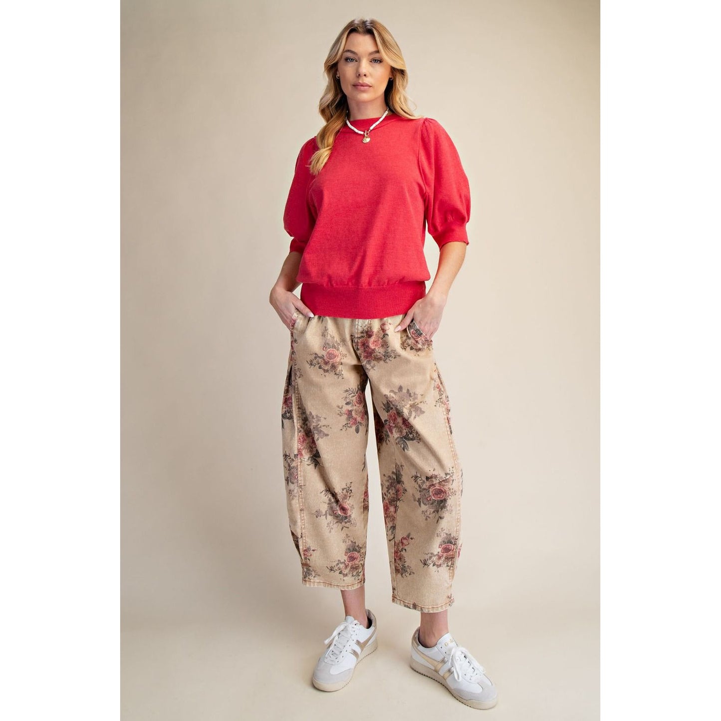 Short Puff Sleeve Knit Sweater Top 9799 - Red