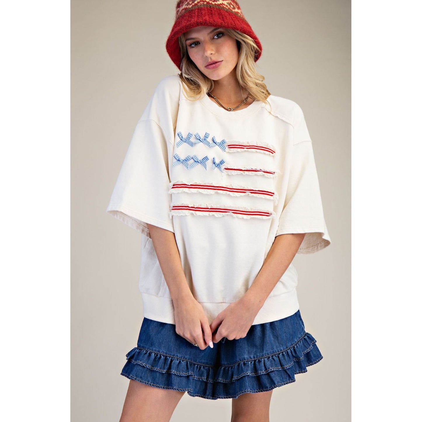 American Flag Washed Terry Pullover Top – Ivory 1893