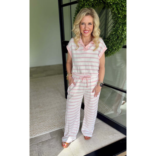 Blush Stripe Lounge Set – Relaxed Fit Drawstring Pants & Collared Top 2926 / 5720