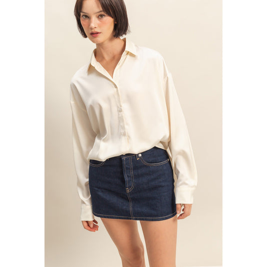 DZ - Long Sleeve Oversized Satin Shirt Top 072 - Whip Cream