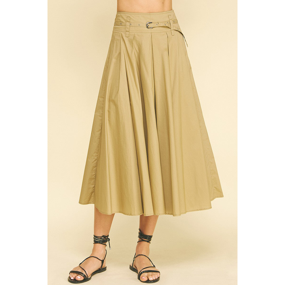 Pinch -  Pleated A-line Midi Skirt With Belt 6413 - Khaki