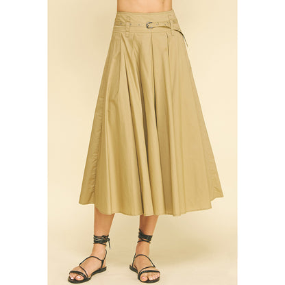 Pinch -  Pleated A-line Midi Skirt With Belt 6413 - Khaki