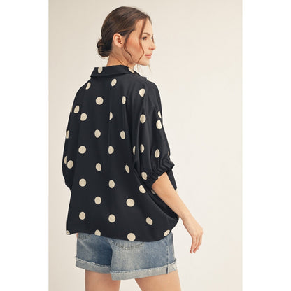 Polka Dot Satin Blouse – Relaxed Fit Collared Top 3482 - Black / Cream