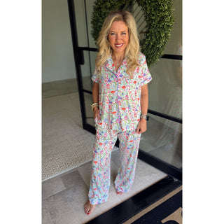 Mahjong Dreams Button-Up Sleep Shirt & Pants Pajama Set - Light Blue / Multi