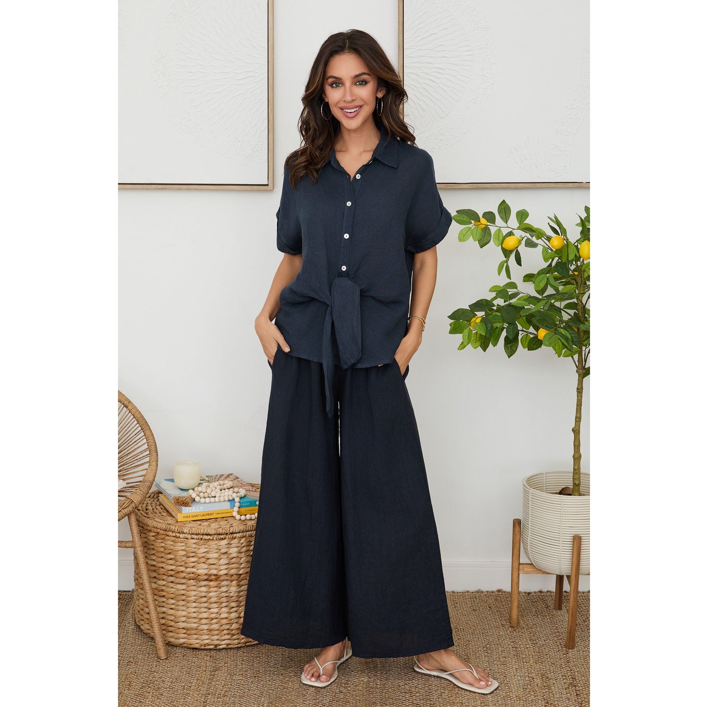 Milio Milano Wide Leg Palazzo Linen Pants with Pockets – Navy