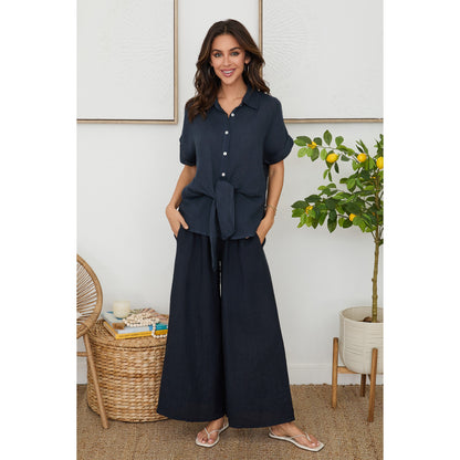 Milio Milano Wide Leg Palazzo Linen Pants with Pockets – Navy