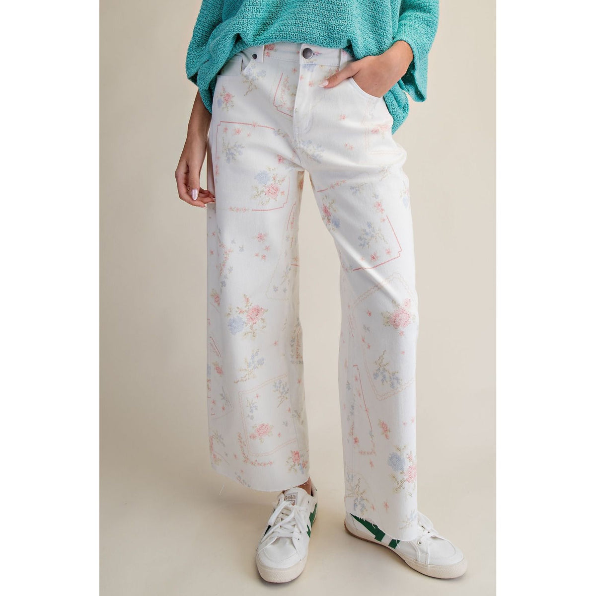 White Cross Stitch Floral Washed Twill Pants 0236