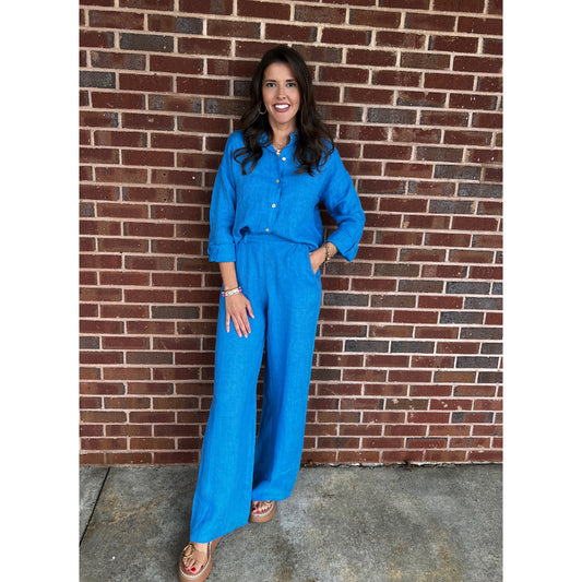 Milio Milano - Linen, Flat Front, Elastic Waist, Wide Leg Pants 7013 - Blue Regatta