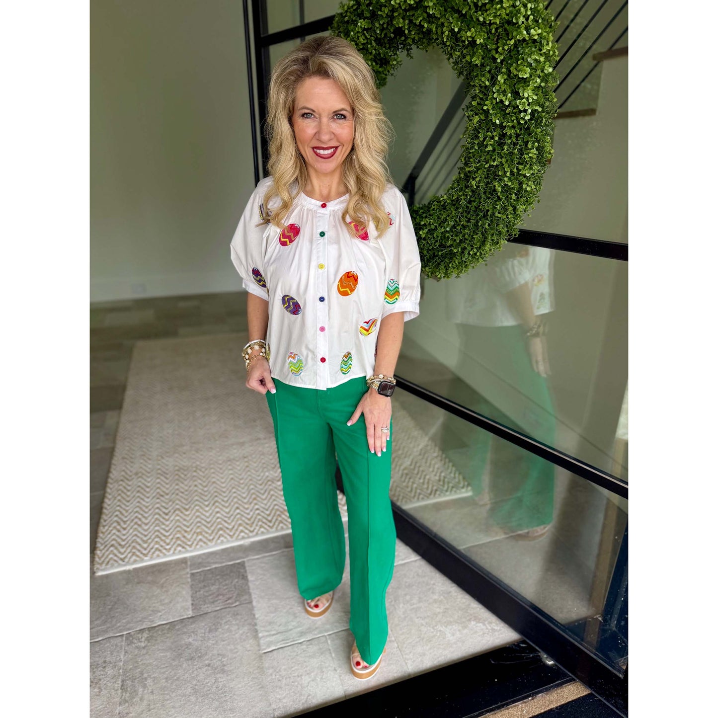 Queen of Sparkles -  Multi Easter Egg, Button Up Top 26248 - White