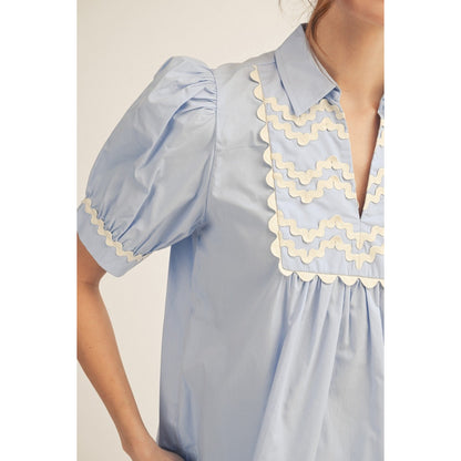JL - Short Sleeve, Ric-Rac Trim Top 5364 - Sky Blue