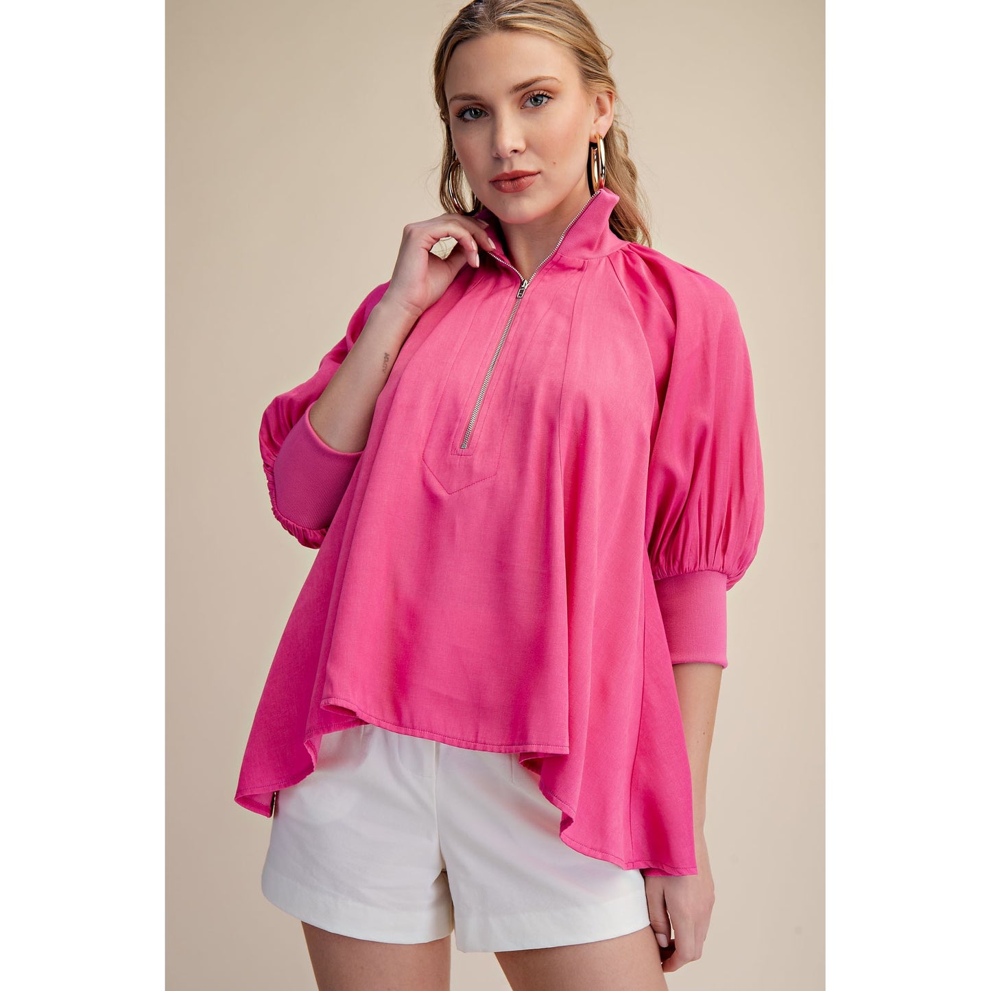 Hot Pink Half Zip Blouse – Mock Neck Puff Sleeve Top - 8080*
