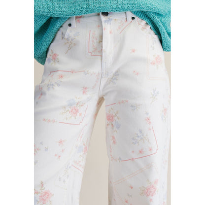 White Cross Stitch Floral Washed Twill Pants 0236