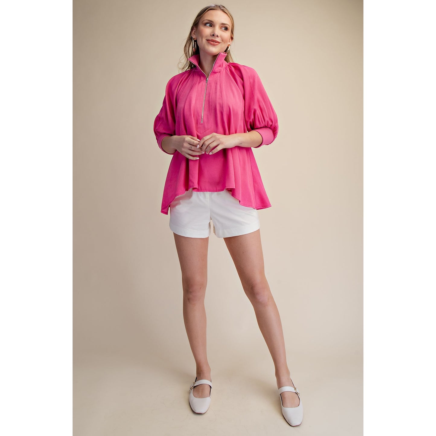 Hot Pink Half Zip Blouse – Mock Neck Puff Sleeve Top - 8080*