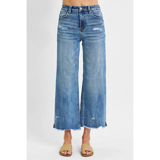 Risen - High Rise, Crop Wide Leg, Side Slit w Fray Hem Jeans 5590 - Medium Blue