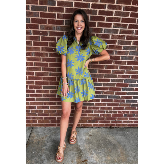 Pinch -  Floral Print, Mini Dress 6140 - Avocado Blue.