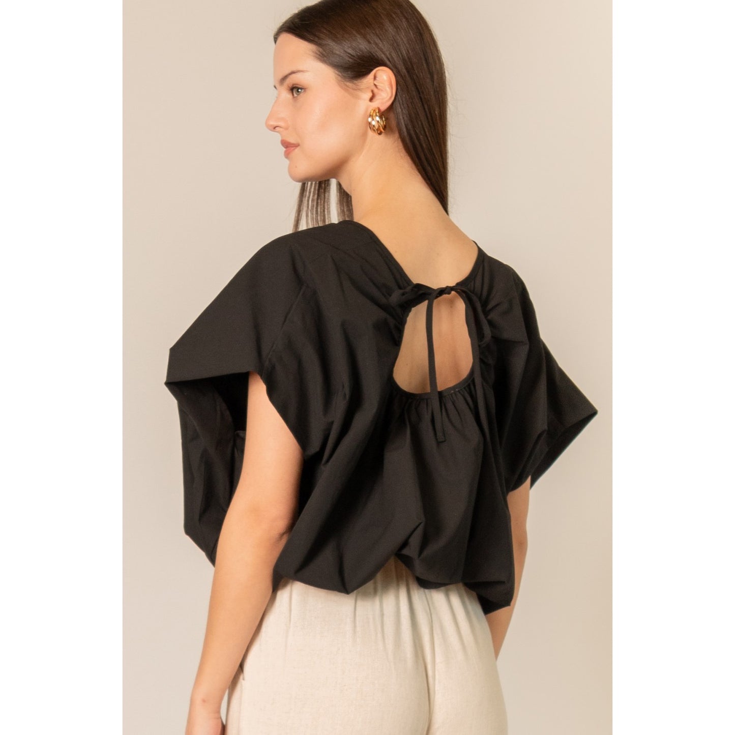 P.Cill Black Billowy Poplin Crop Top – Back Tie Detail 0533