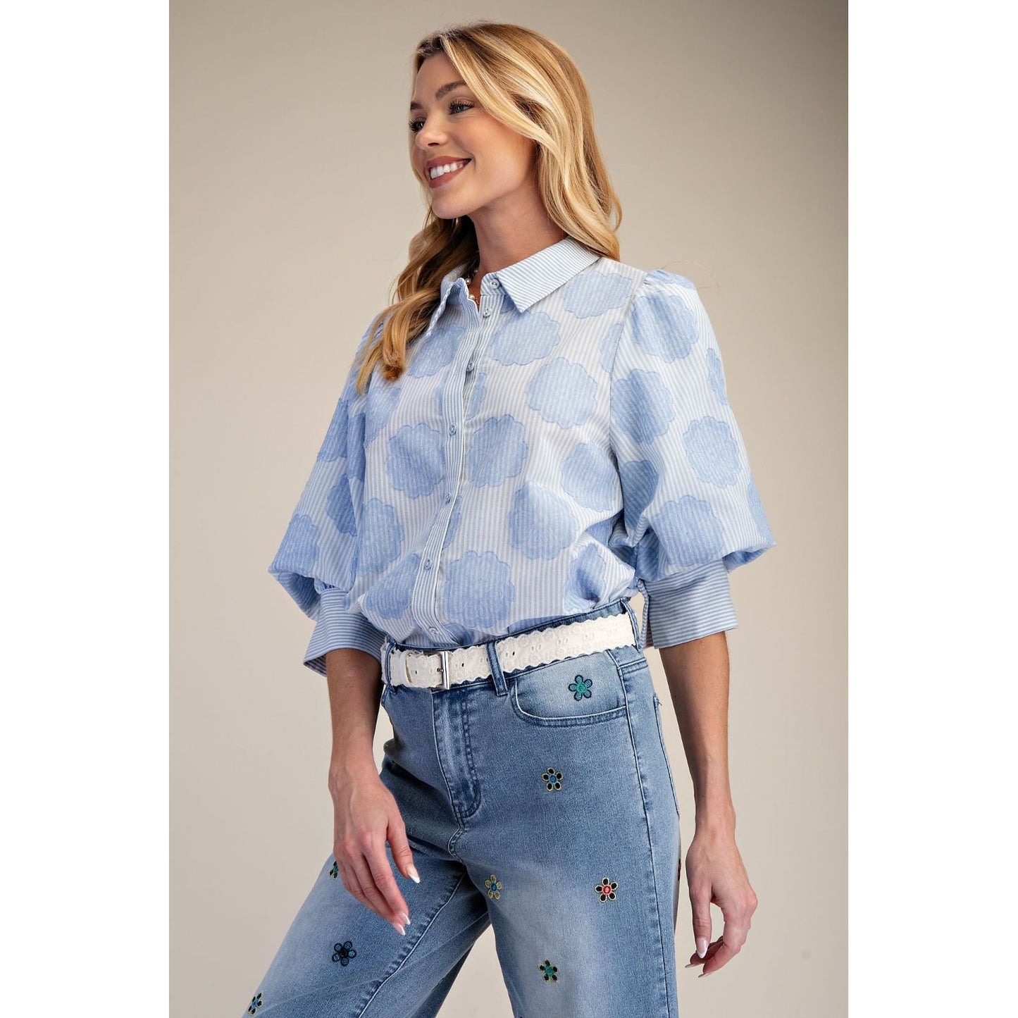 Easel - Striped, ¾ Bubble Sleeve, Button Down Top 1923 - Blue