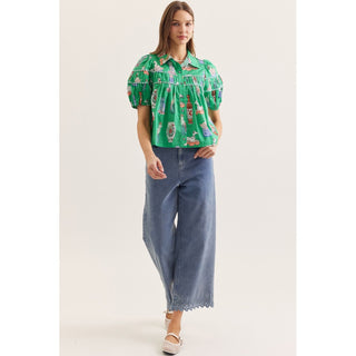 Green Novelty Print Puff Sleeve Top – Tiered Yoke Button Front Blouse 0389