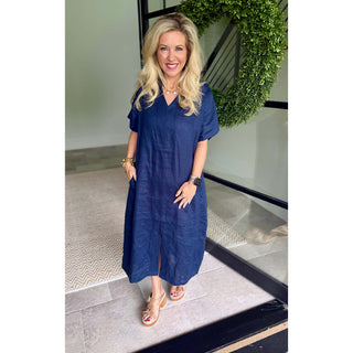 Before You Collection - Linen V-Neck Front Slit Dress – Navy -