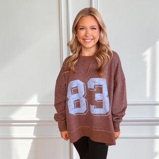 Washed “83” Print Graphic Pullover Top 9646 – Mocha