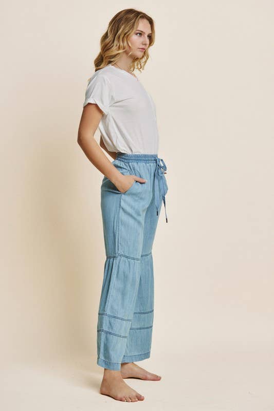 Washed Denim Tiered Wide Leg Pants 7002 - Light Denim