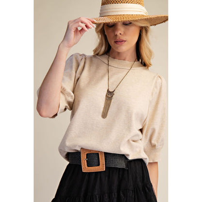 Short Puff Sleeve Knit Sweater Top 9799 - Oatmeal