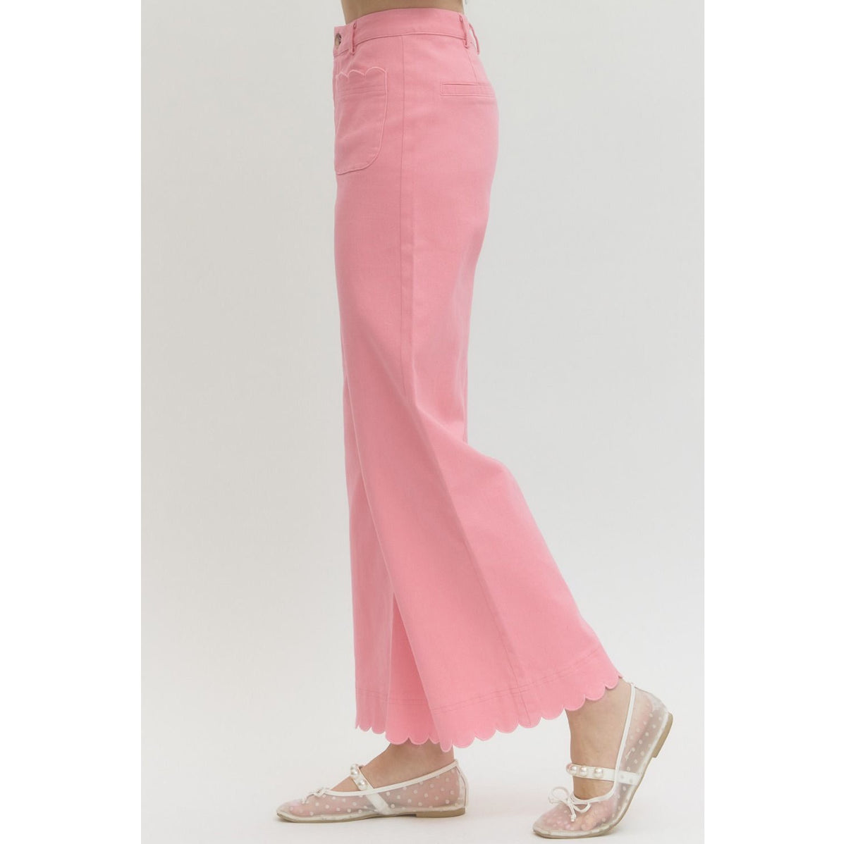 Pink Scallop Trim Wide Leg Pants – High Waist Statement Trousers 9031