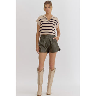 Entro - Metallic Texture, High Waisted Shorts w Pockets 1952 - Olive