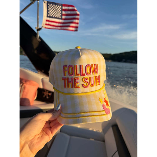 'Follow the Sun' Embroidered Gingham Trucker Hat