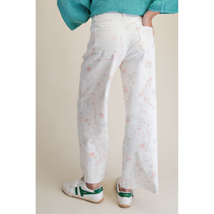 White Cross Stitch Floral Washed Twill Pants 0236