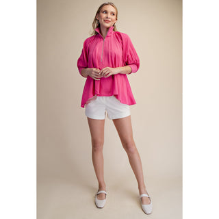 Hot Pink Half Zip Blouse – Mock Neck Puff Sleeve Top - 8080*