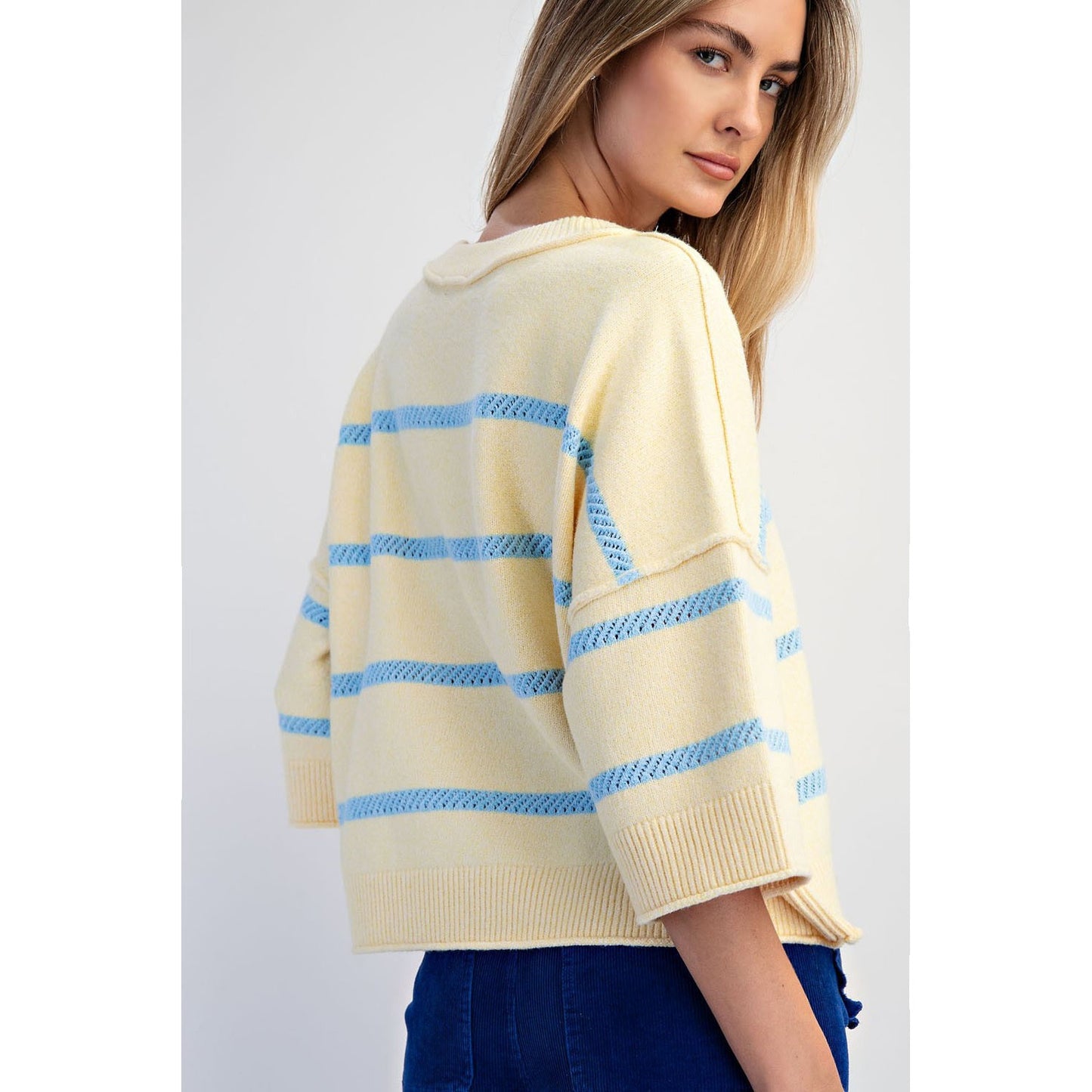 Softest Luxe Striped Crew Sweater Top 0107 - Lemon/LT Blue