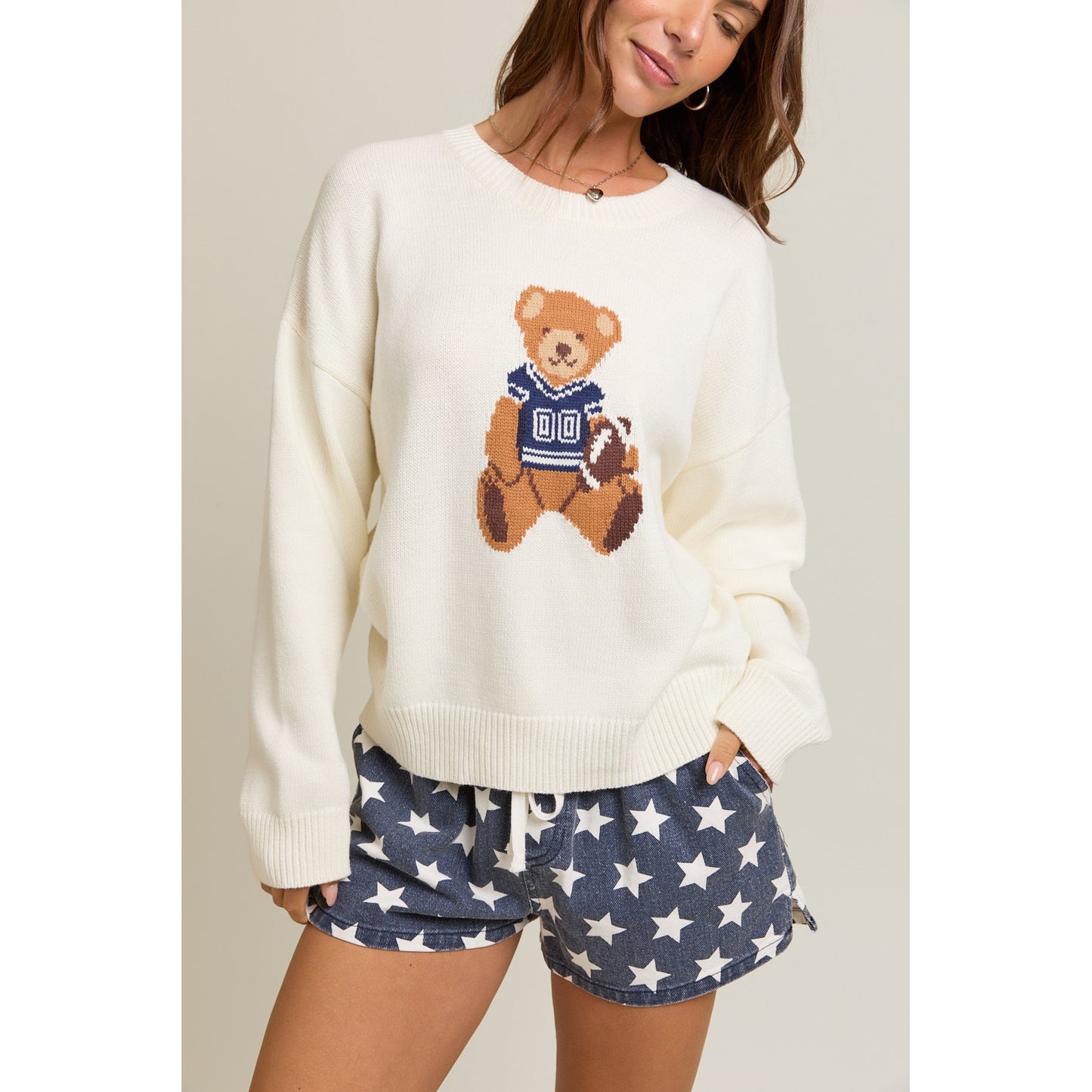 LL - Long Sleeve, Crew Neck, Teddy Bear Sweater 5160 - White / Navy