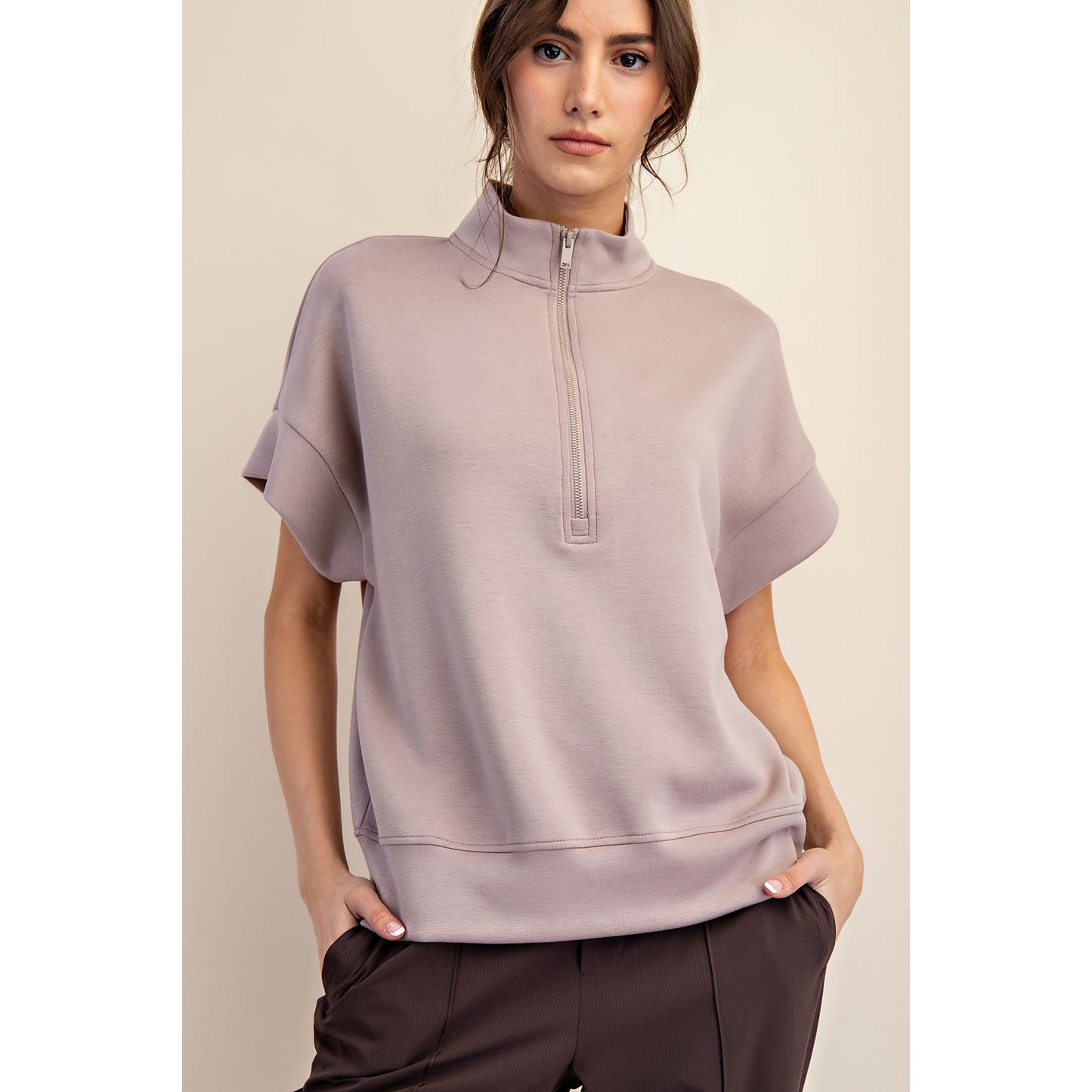 Rae Mode - Modal, Scuba Short Sleeve, Quarter Zip Top & Skort Set 9977 / 7029 - Light Mocha *