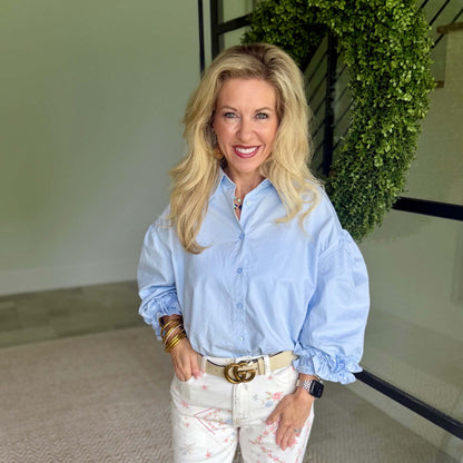 Easel 3/4 Sleeve Balloon Sleeve Poplin Button Down Top – Cotton Blue