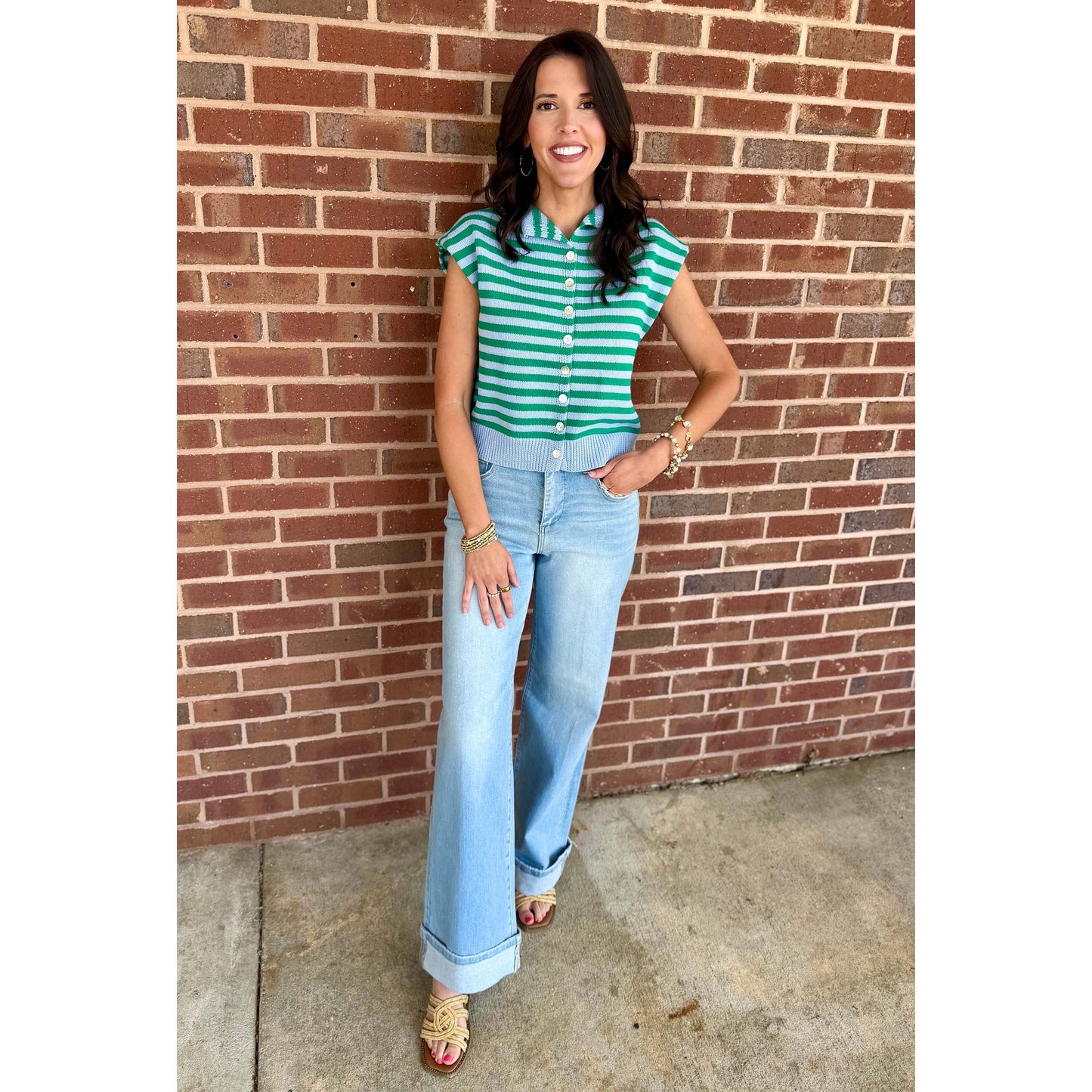 Striped Sleeveless Knit Button Front Top 0331 - Blue