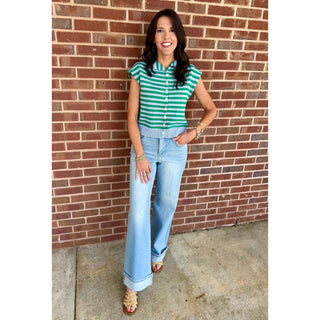 Striped Sleeveless Knit Button Front Top 0331 - Blue