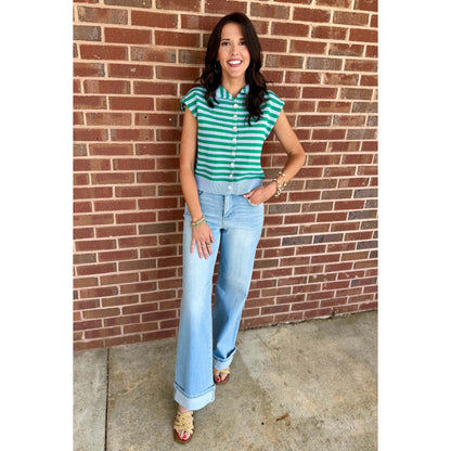 Striped Sleeveless Knit Button Front Top 0331 - Blue