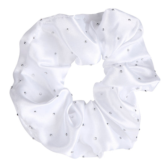 Bella -  Large Diamond Ornament Satin Rhinestone Scrunchie 0703 - White